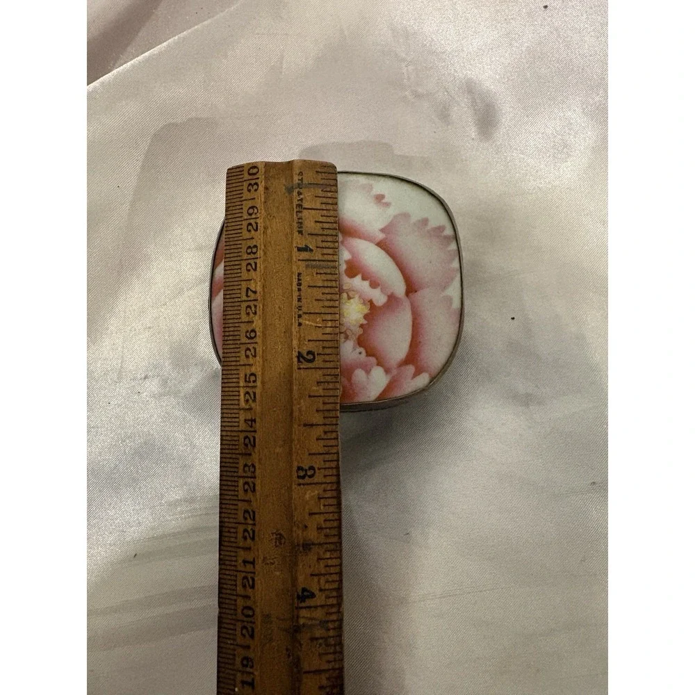 Vintage Porcelain Pottery Shard Trinket Box Pink White Flower Silver colored box